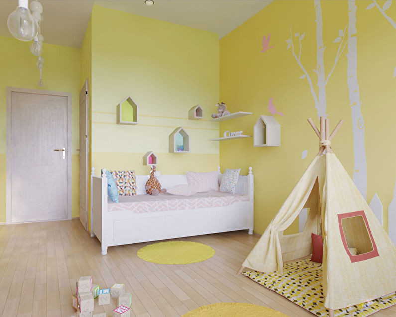 Mažas vaikų kambarys geltonais tonais.