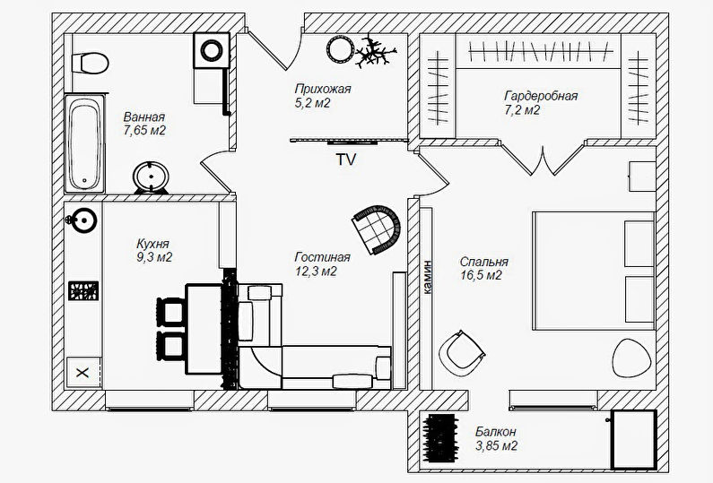 O interior de um apartamento de 2 quartos, 58 m².
