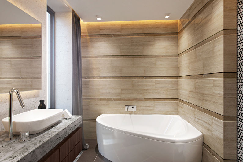 Siauras vonios kambario dizainas - lubų apdaila