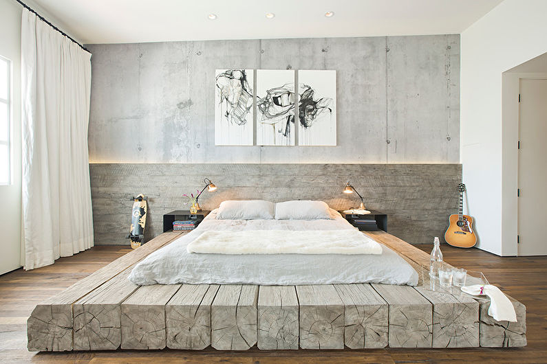 Loft Style guļamistabas dizains - dekors un tekstils