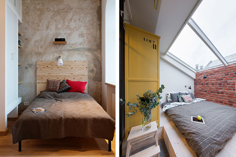 Mažas lofto stiliaus miegamasis - interjero dizainas