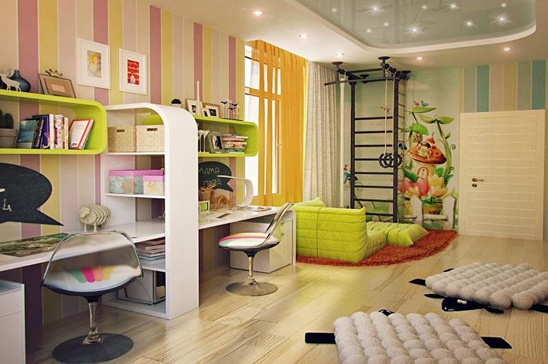Krāsu kombinācijas bērnu istabas interjerā - bērnudārza zonējums