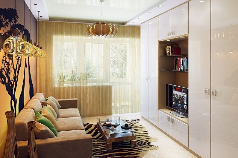 Projeto da sala de estar 12 m² - Iluminação e decoração