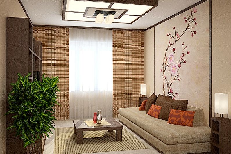 Sala de estar pequeña de estilo japonés - Diseño de interiores