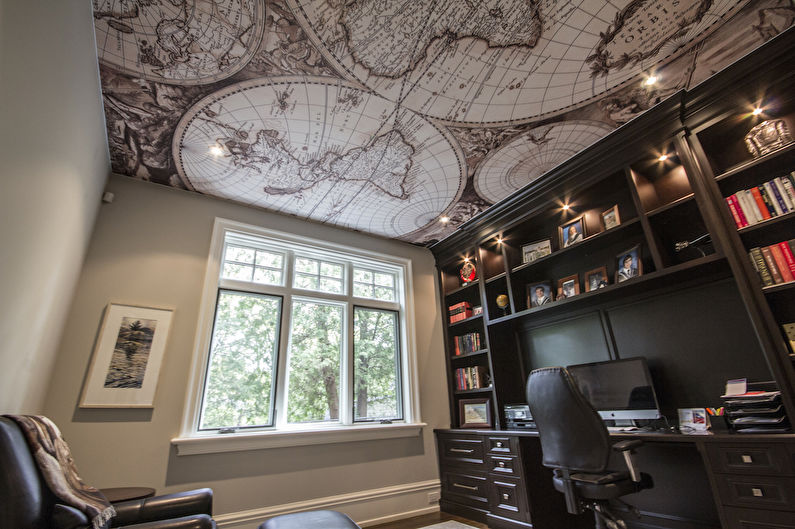 Stretch ceiling with photo printing in the interior of your home office