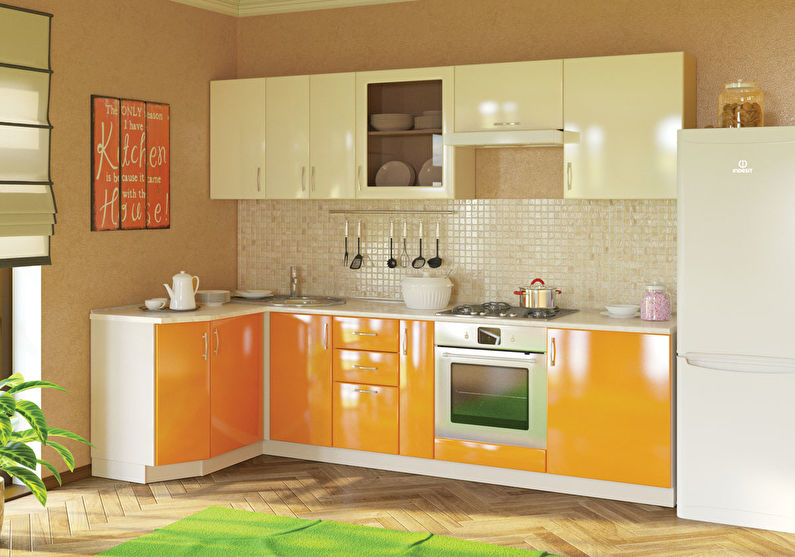 Бијело с наранџаста - Дизајн кухиње 9 м²
