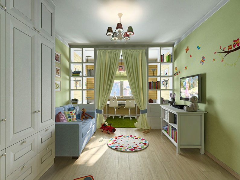 Interior de um quarto infantil para menino e menina, 20 m2
