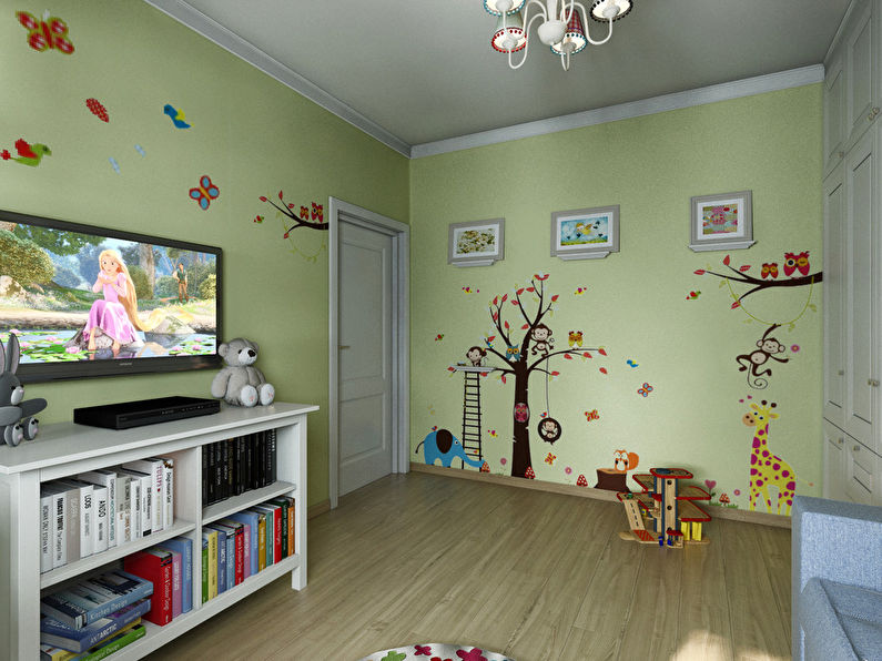 Interior de una habitación infantil para niño y niña, 20 m2