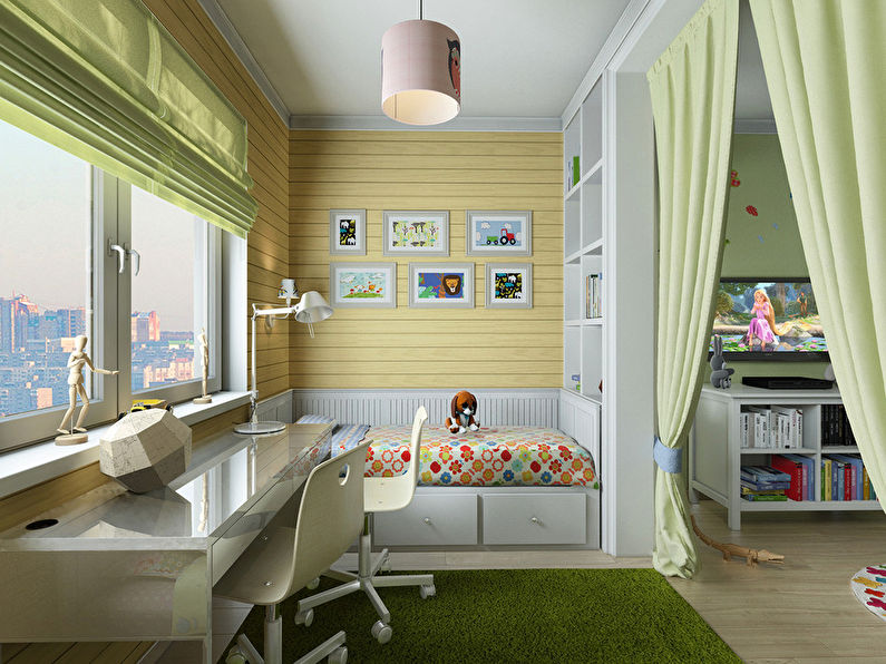 Vaikų kambario berniukui ir mergaitei interjeras, 20 m2