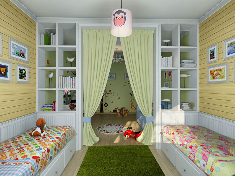 Vaikų kambario berniukui ir mergaitei interjeras, 20 m2
