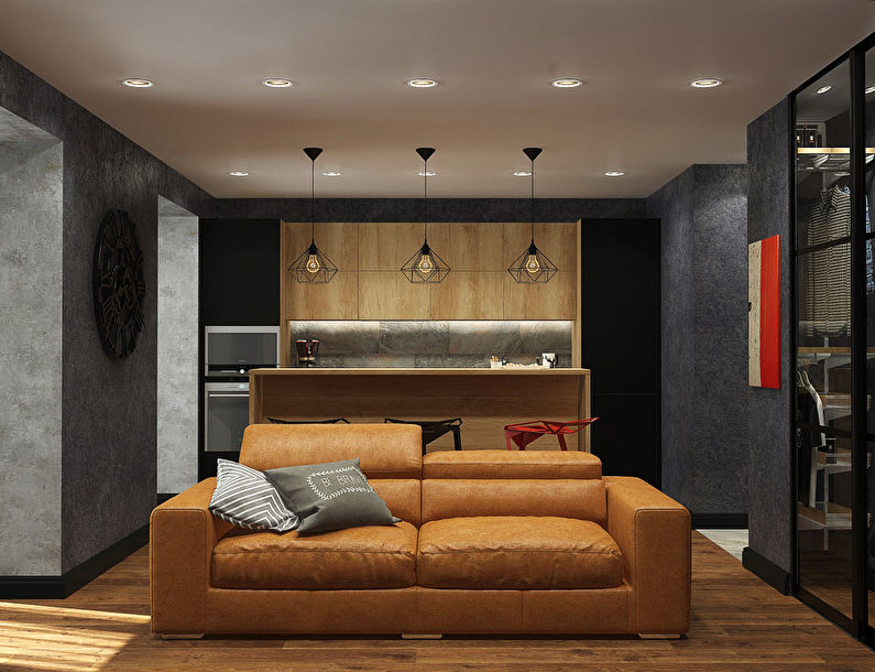 Интериорът на студио апартамент в стила на таванското помещение