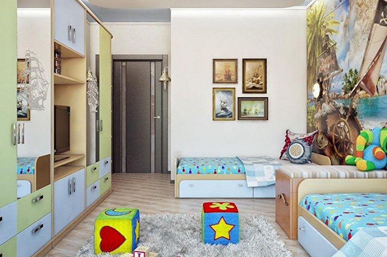 Vaikų kambario dizainas dviems berniukams - grindų apdaila