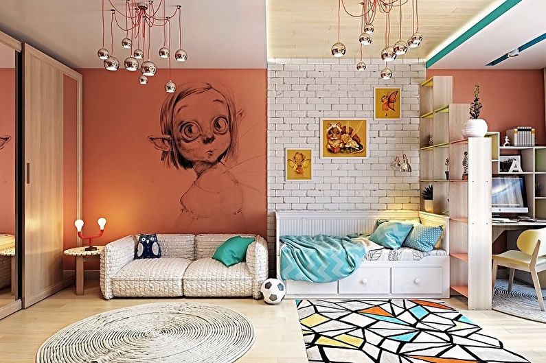 Vaikų kambario dizainas dviems berniukams - lubų apdaila