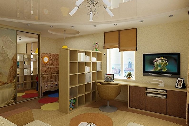 Reka bentuk bilik tidur dan taman asuhan kanak-kanak di satu bilik - Selesai Siling