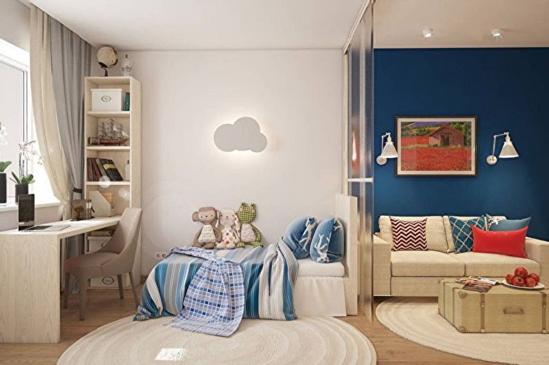 Εσωτερική διακόσμηση ενός υπνοδωματίου και παιδικού σταθμού σε ένα δωμάτιο - φωτογραφία