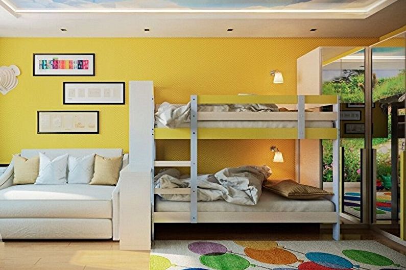 Интериорен дизайн на спалня и детска стая в една стая - снимка