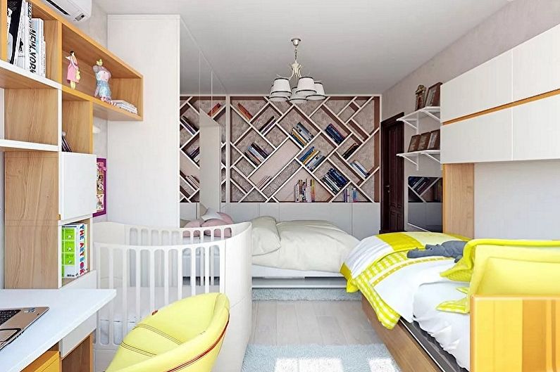 Дизајн ентеријера спаваће собе и дечијег кревета у једној соби - фотографија