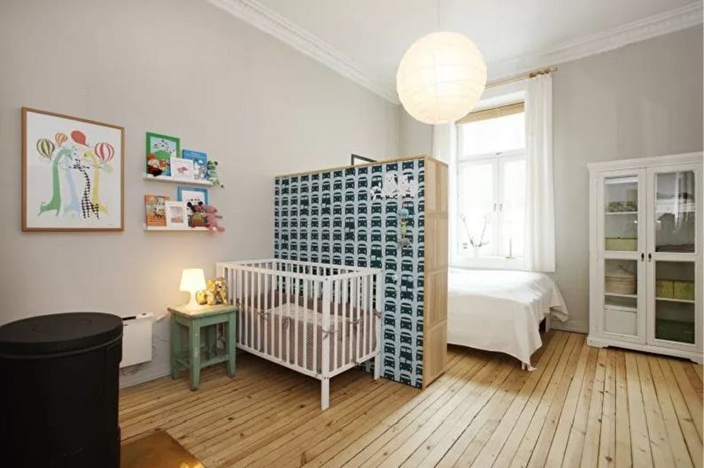 Интериорен дизайн на спалня и детска стая в една стая - снимка