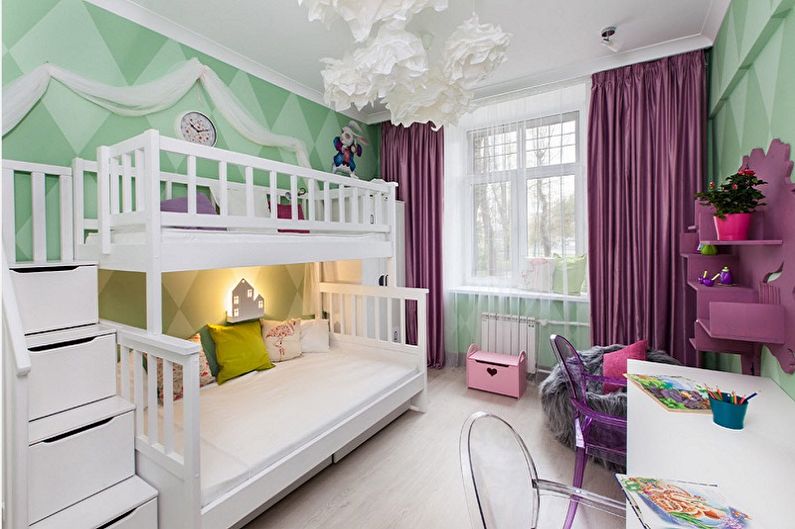 Dviejų mergaičių vaikų kambario dizainas - spalvų sprendimai