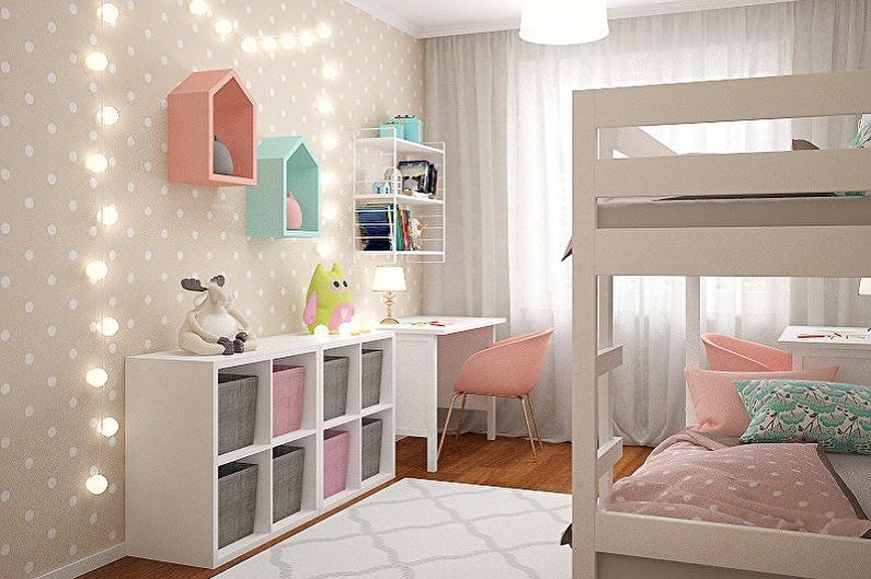 Bērnu istabas dizains divām meitenēm - interjera stila izvēle