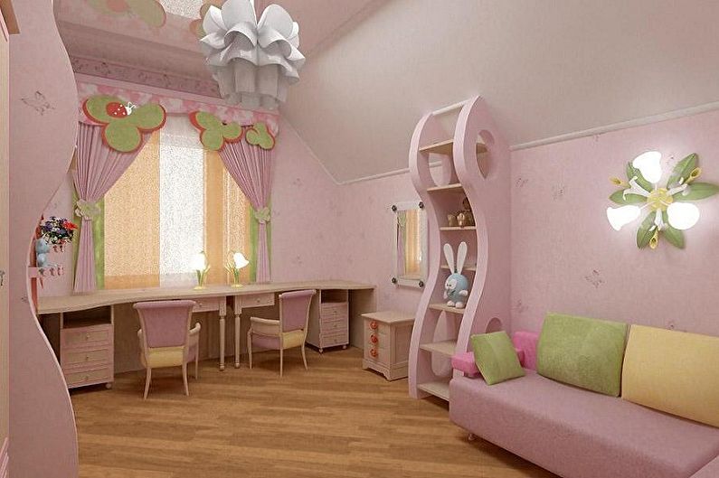 การออกแบบห้องเด็กสำหรับสองสาว - พื้นสำเร็จ