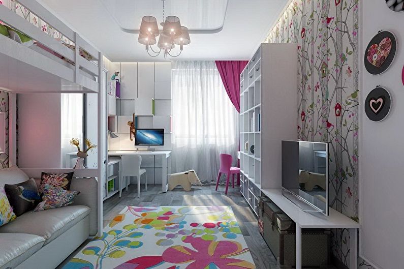 Dviejų mergaičių vaikų kambario interjero dizainas - nuotrauka
