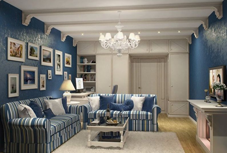 غرفة معيشة صغيرة بدرجات اللون الأزرق - التصميم الداخلي