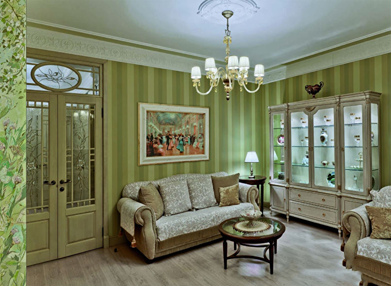 Malý obývací pokoj v zelených barvách - design interiéru