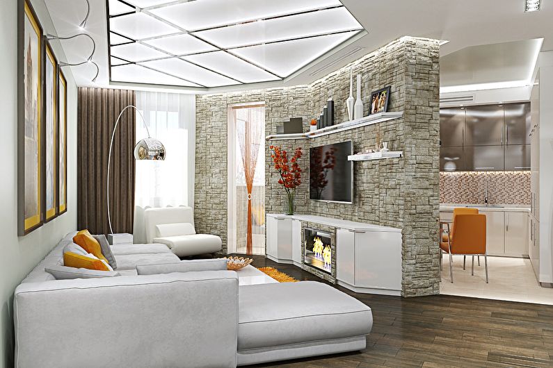Pequeña sala de estar de forma no estándar - diseño de interiores