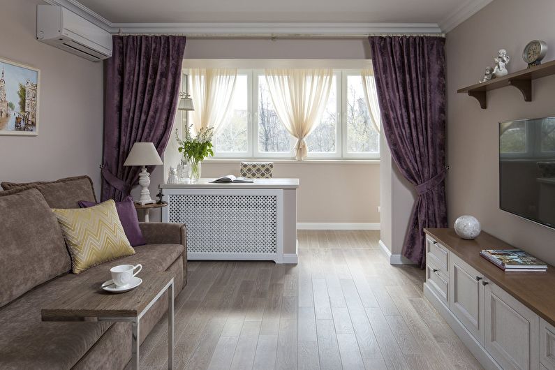 Kombinace malého obývacího pokoje s balkonem nebo lodžií - design interiéru