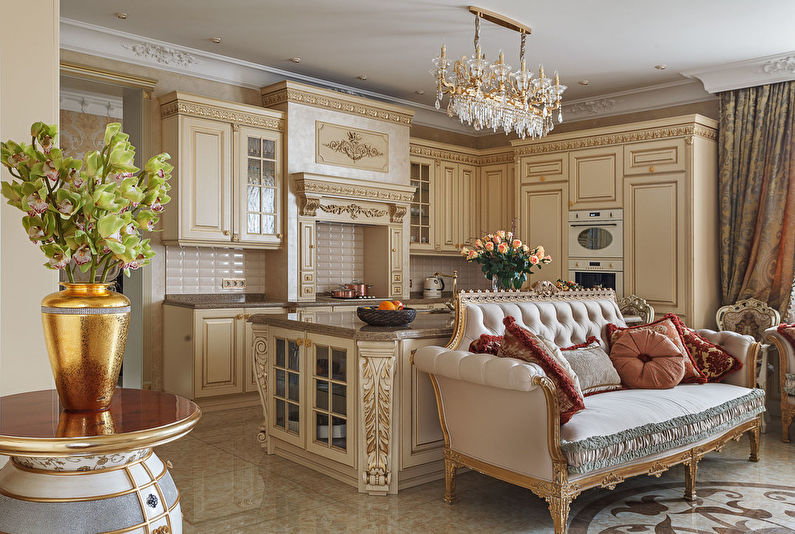 Design av ett kök-vardagsrum i klassisk stil