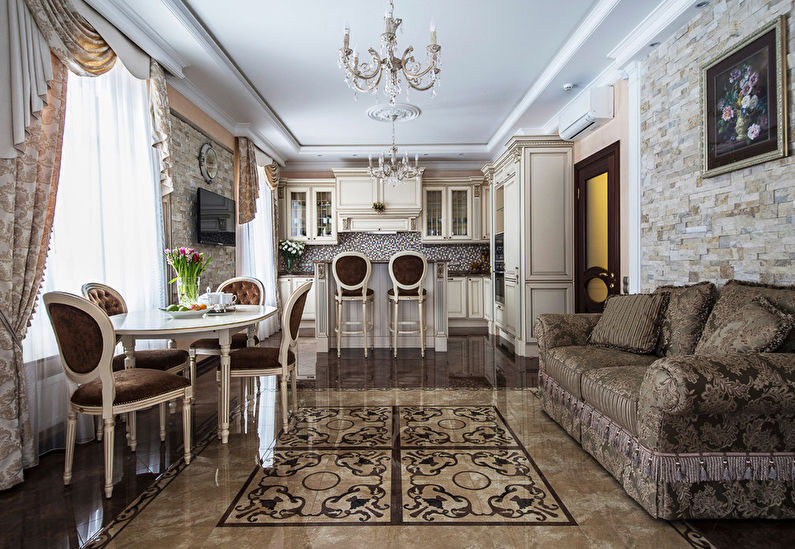 Design av ett kök-vardagsrum i klassisk stil