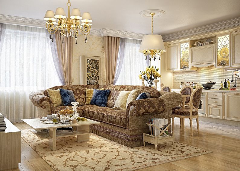 Design de uma sala de estar de cozinha em estilo clássico
