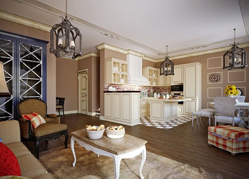 Virtuves-dzīvojamās istabas dizains klasiskā stilā
