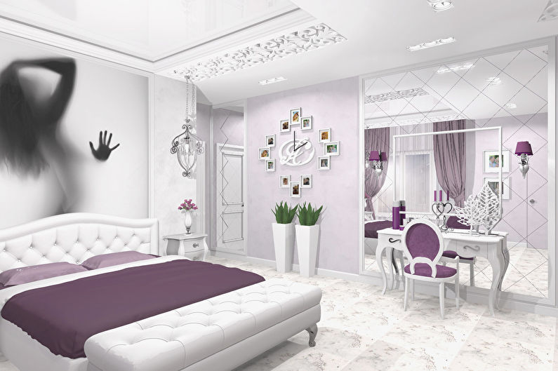 Љубавна прича: Спаваћа соба у белој и љубичастој боји - фотографија 1