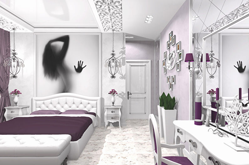 Љубавна прича: Спаваћа соба у љубичасто-белој боји - фотографија 2