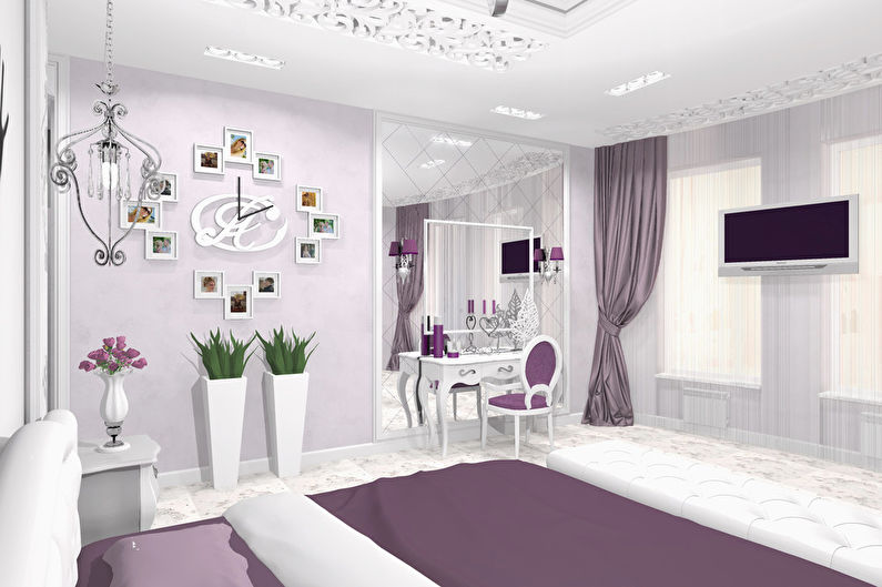 Љубавна прича: Спаваћа соба у љубичасто-белој боји - фотографија 3