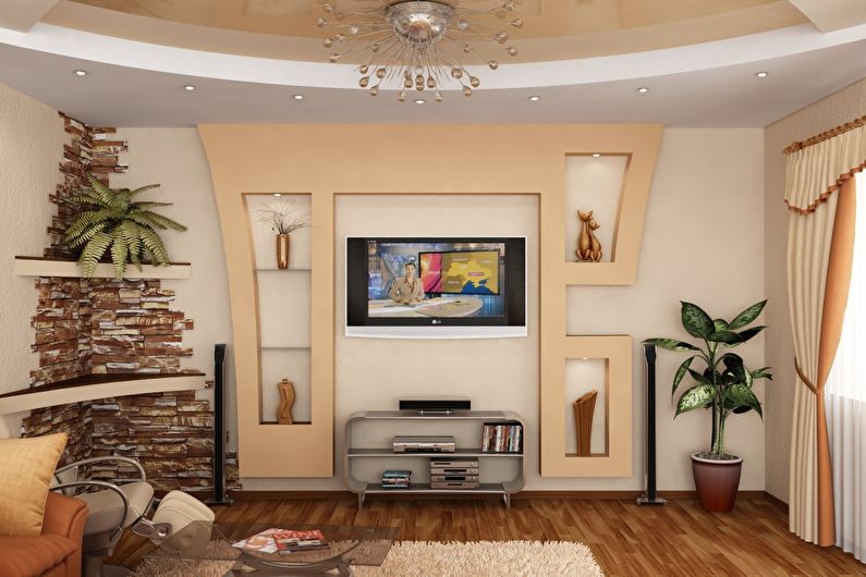 Ниша дизайн на телевизор с ниска стена