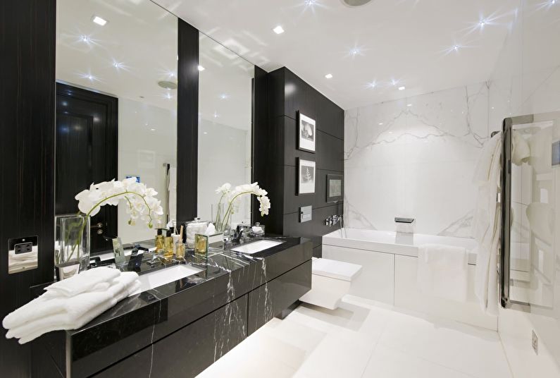 Kombinacija boja u unutrašnjosti kupaonice - bijela s crnom bojom