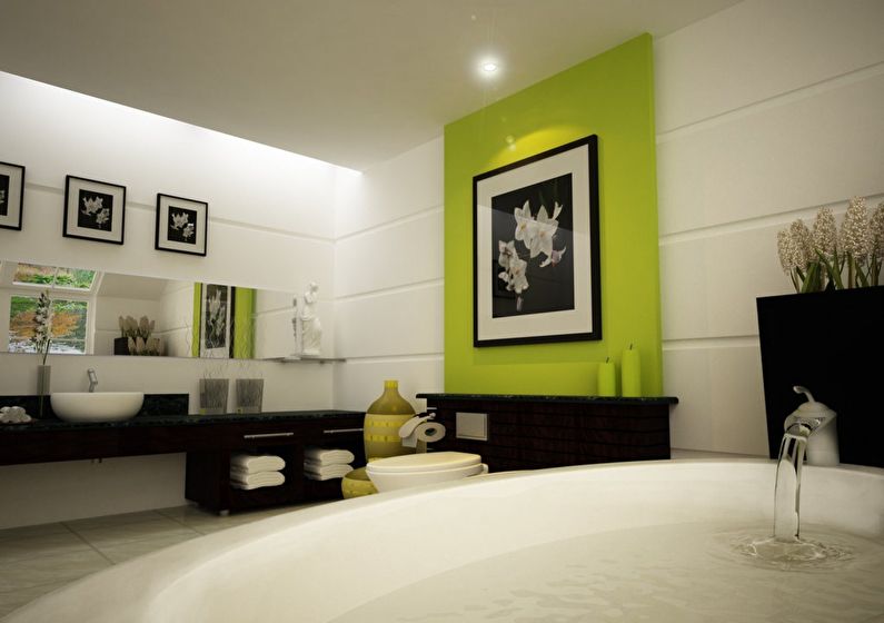 Kombinácia farieb v interiéri kúpeľne - biela s čiernou a zelenou