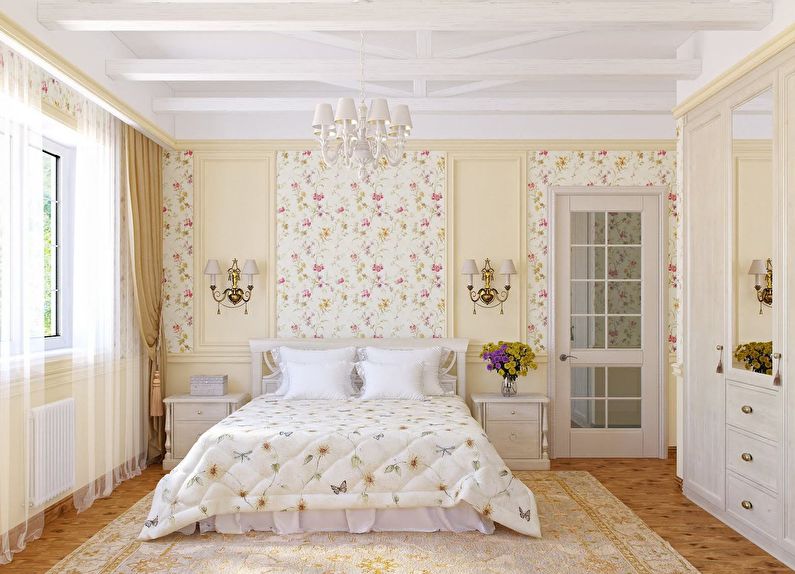 Krāsu kombinācija guļamistabas interjerā - balta ar smilškrāsu un rozā