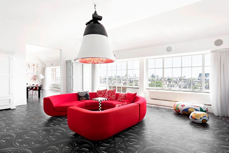 Kombinace barev v interiéru obývacího pokoje - bílá s černou a červenou