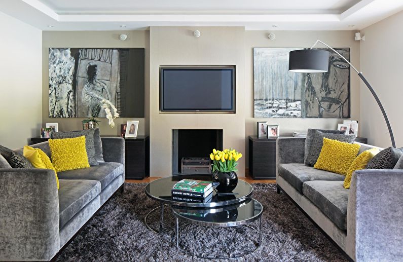Kombinácia farieb v interiéri obývacej izby - šedá s béžovou a bielou