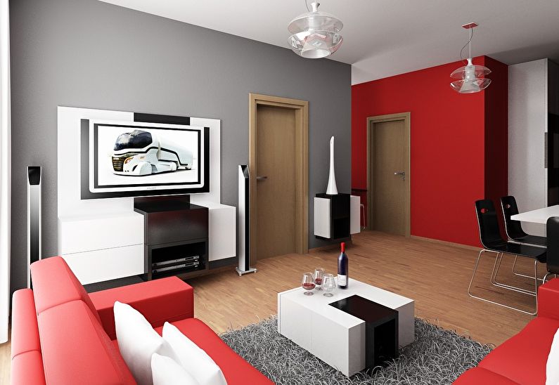 Kombinace barev v interiéru obývacího pokoje - šedá s červenou