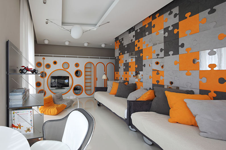 A combinação de cores no interior do quarto de uma criança - cinza com laranja