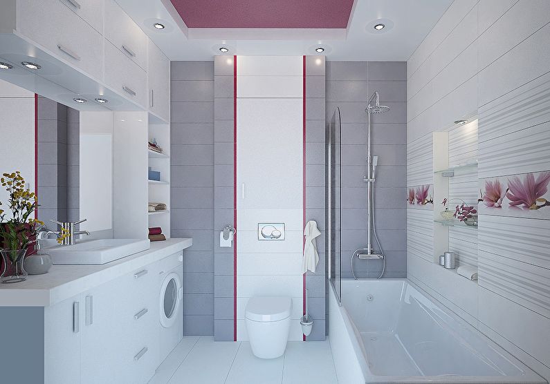 La combinación de colores en el interior del baño: gris con blanco y rosa.