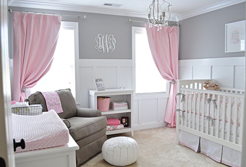 Krāsu kombinācija bērnu istabas interjerā - pelēka ar rozā un baltu