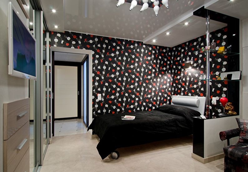 Kombinasjonen av farger i det indre av soverommet - svart med rødt og hvitt