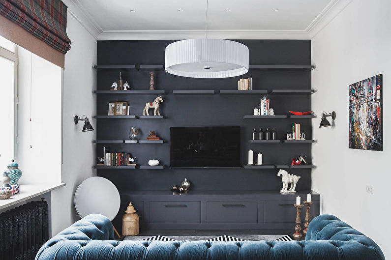 Kombinácia farieb v interiéri obývacej izby - čierna s modrou a bielou