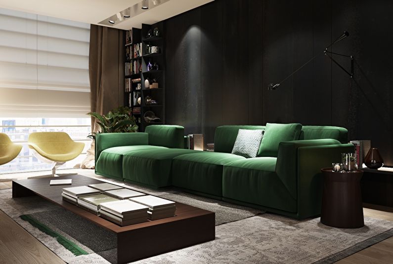 Krāsu kombinācija viesistabas interjerā - melna ar zaļu un brūnu